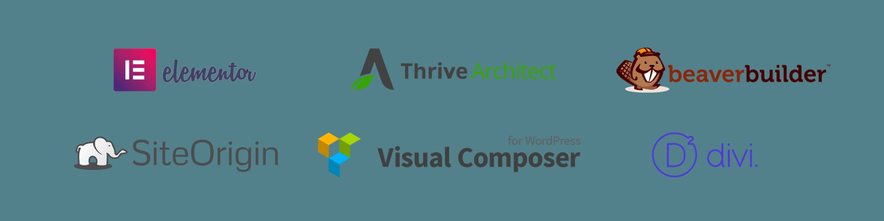 Logos von elementor Thrive beaverbuilder SiteOrigin VisualComposer Divi
