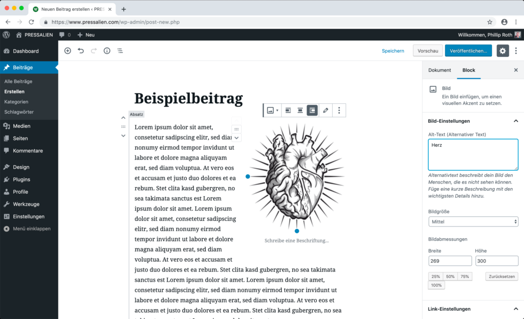 Screenshot Gutenberg Editor mit Dummy Inhalten