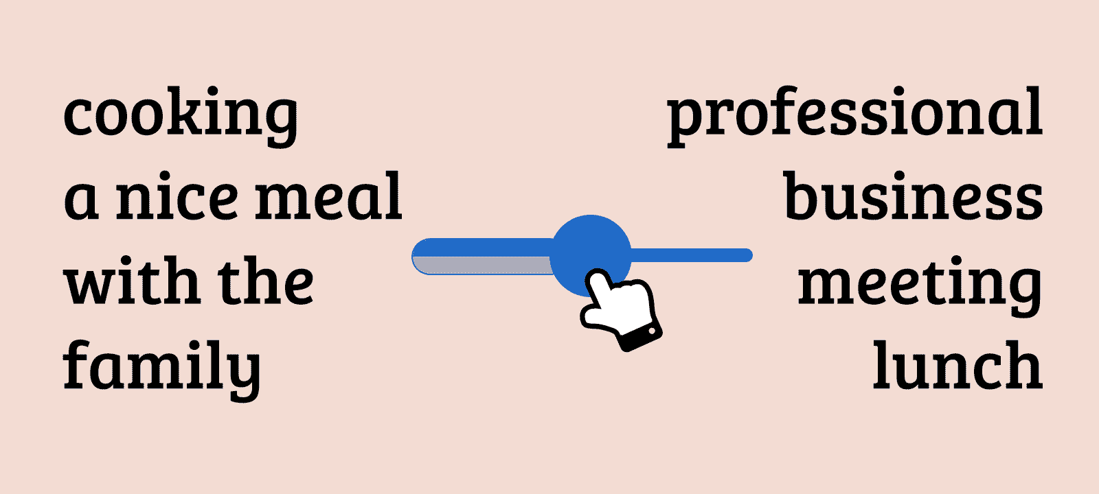 cooking a nice meal versus professional business meeting lunch with a regulator slider in the middle