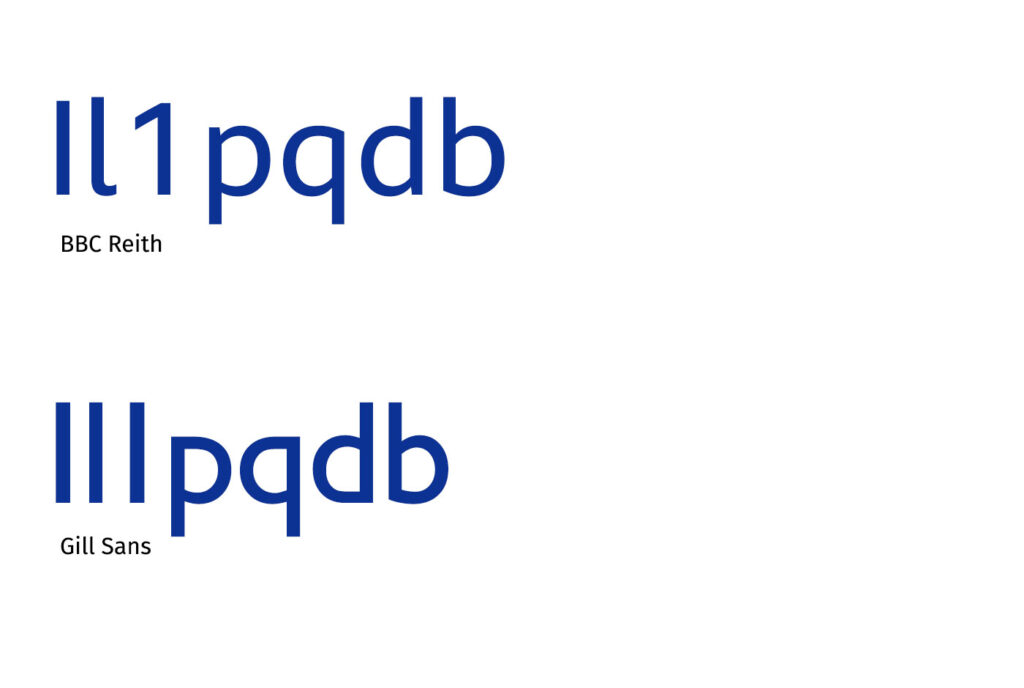 The letters in font BBC Reith and in font Gill Sans