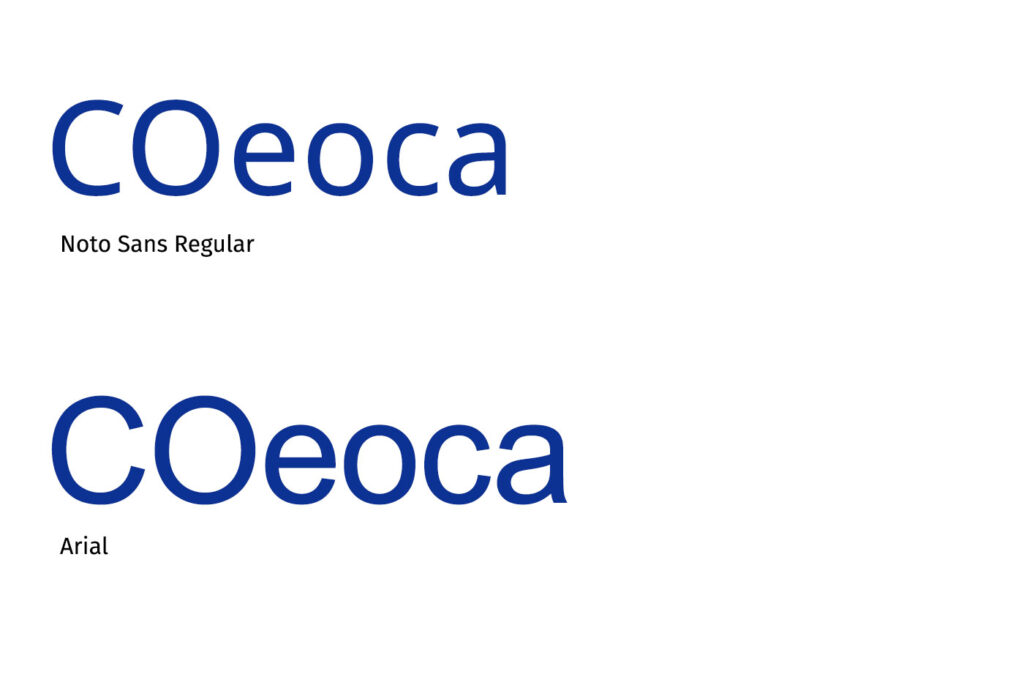 Letters CO e o c a in font Noto Sans and in Font Arial