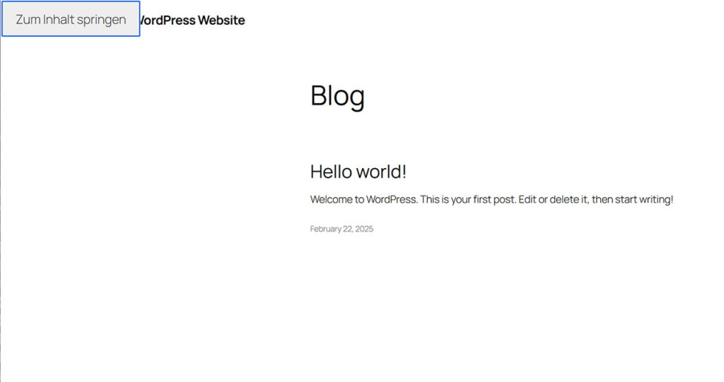 das WordPress Theme 2025 in seinem Auslieferungszustand mit dem fokussierten Button